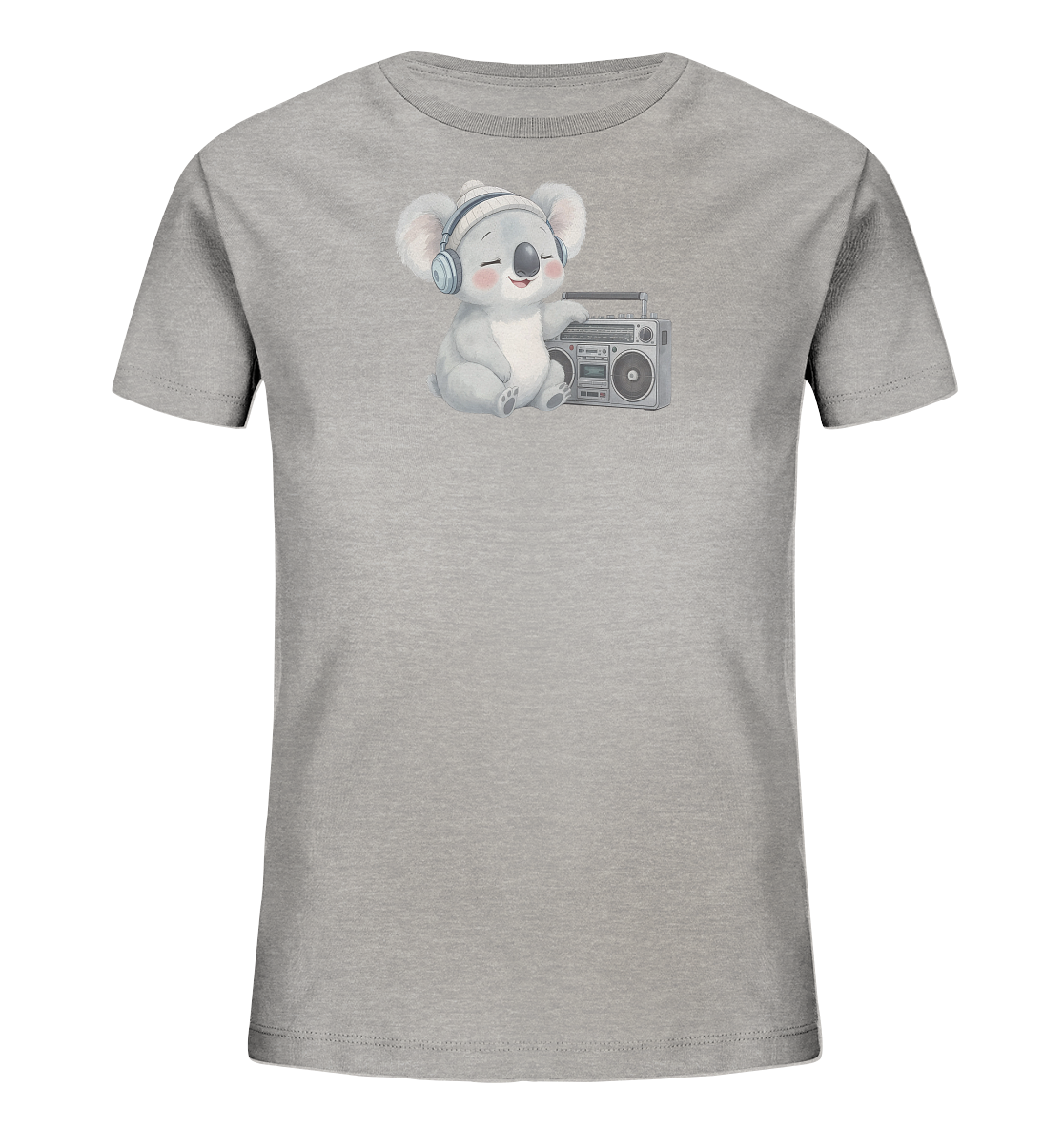 Onlineshop Shirts fuer Kinder - Das Bild zeigt ein graues T-Shirt fuer Kinder mit einem niedlichen Koalabaerenmotiv. Der Koala traegt blaue Kopfhoerer und eine Muetze und sitzt froehlich laechelnd neben einem grauen Boombox. Das Design verleiht dem Shirt einen verspielten und musikalischen Charakter.
