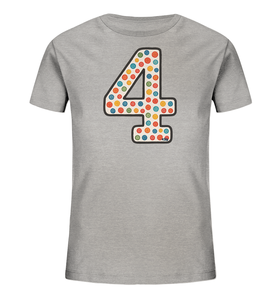 Onlineshop Shirts fuer Kinder - Das Bild zeigt ein graues Kinder-T-Shirt. Auf der Vorderseite ist die Zahl '4' gross abgebildet. Die Zahl ist mit bunten Punkten in verschiedenen Farben wie Rot, Blau, Gruen und Orange gefuellt und hat eine dunkle Umrandung. Das Design wirkt verspielt und farbenfroh.