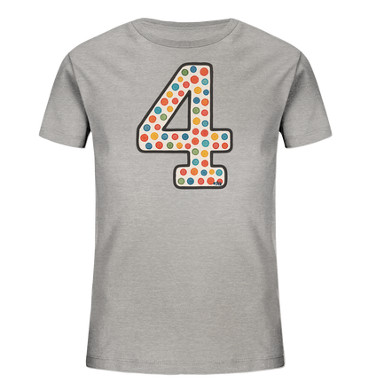 Kinder T-Shirt mit großer Zahl 4, bunten Punkten und dunkler Umrandung