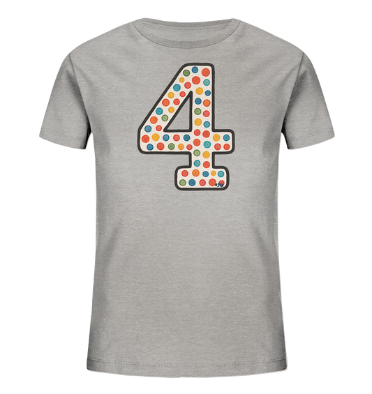 Kinder T-Shirt mit großer Zahl 4, bunten Punkten und dunkler Umrandung
