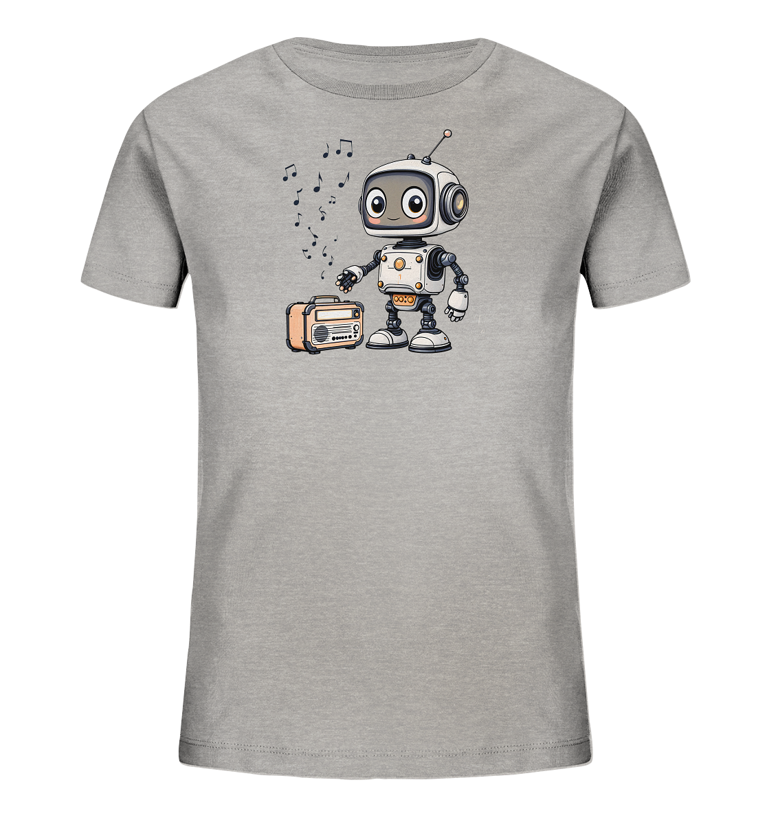 Onlineshop Shirts für Kinder - Das Bild zeigt ein hellgraues T-Shirt für Kinder mit einem farbigen Aufdruck auf der Vorderseite. Zu sehen ist ein niedlicher, freundlich aussehender Roboter mit großen Augen und einer Antenne. Der Roboter steht neben einem tragbaren Radio und zahlreiche Musiknoten steigen aus dem Radio auf und umgeben den Roboter. Das Design ist verspielt und weckt Assoziationen mit Musik und Technologie, passend für junge Träger.