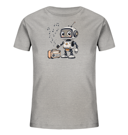 Onlineshop Shirts für Kinder - Das Bild zeigt ein hellgraues T-Shirt für Kinder mit einem farbigen Aufdruck auf der Vorderseite. Zu sehen ist ein niedlicher, freundlich aussehender Roboter mit großen Augen und einer Antenne. Der Roboter steht neben einem tragbaren Radio und zahlreiche Musiknoten steigen aus dem Radio auf und umgeben den Roboter. Das Design ist verspielt und weckt Assoziationen mit Musik und Technologie, passend für junge Träger.