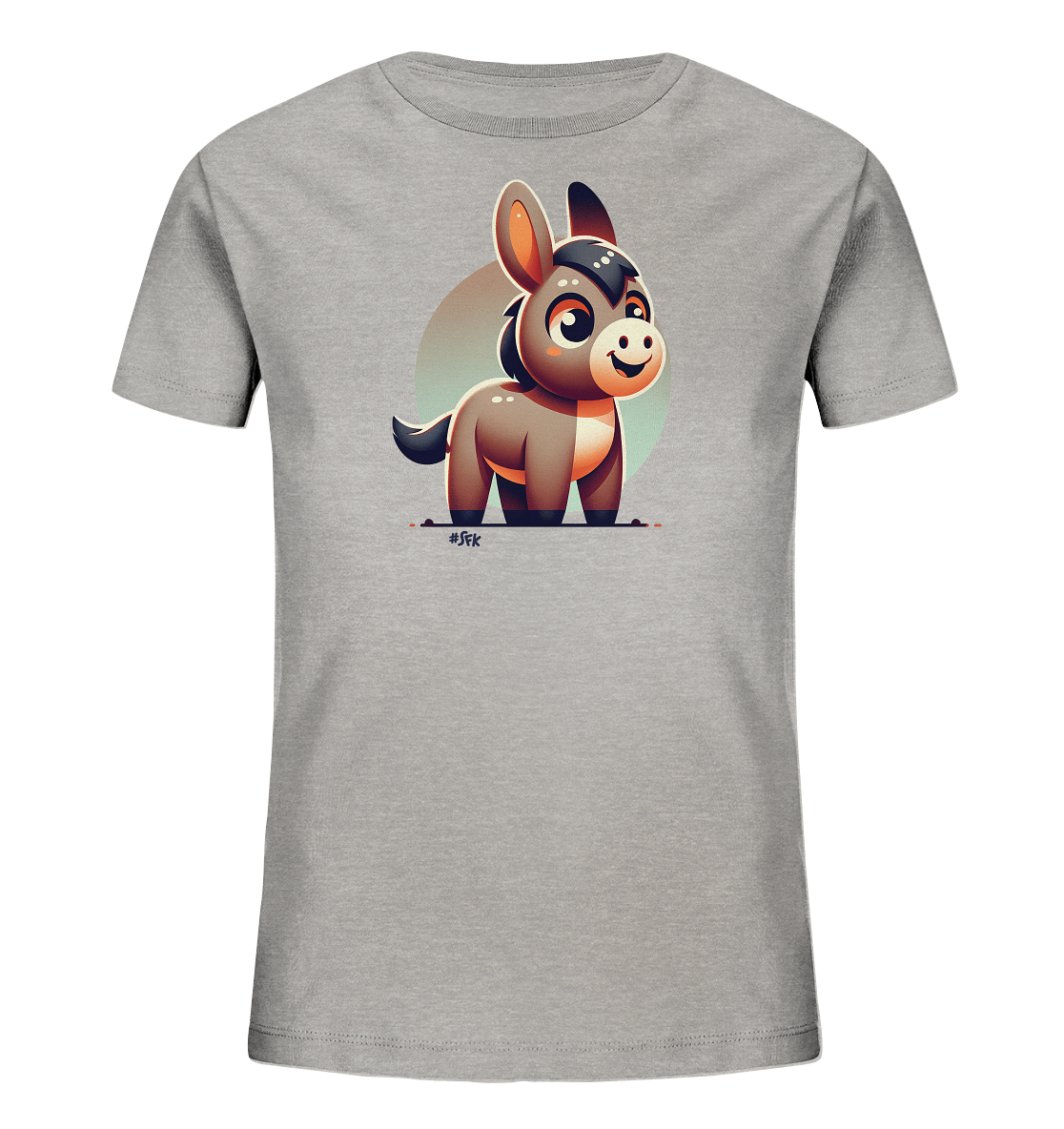 Onlineshop Shirts fuer Kinder - Das Bild zeigt ein graues Kinder-T-Shirt mit einer suessen Illustration eines Esels auf der Vorderseite. Der Esel ist cartoonhaft dargestellt, braun mit dunkler Maehne und einem freundlichen Laecheln. Hinter der Figur ist ein farblich abgestufter Kreis zu sehen. Das Design wirkt insgesamt verspielt und kinderfreundlich.