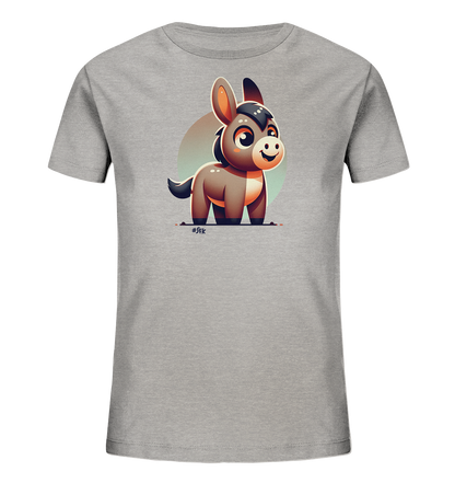 Onlineshop Shirts fuer Kinder - Das Bild zeigt ein graues Kinder-T-Shirt mit einer suessen Illustration eines Esels auf der Vorderseite. Der Esel ist cartoonhaft dargestellt, braun mit dunkler Maehne und einem freundlichen Laecheln. Hinter der Figur ist ein farblich abgestufter Kreis zu sehen. Das Design wirkt insgesamt verspielt und kinderfreundlich.