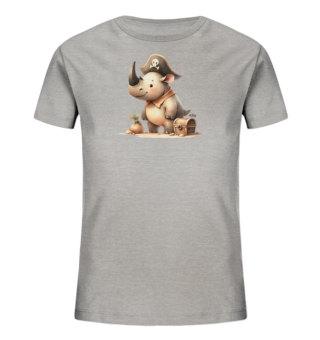Onlineshop Shirts fuer Kinder - Das Bild zeigt ein hellgraues T-Shirt mit einer Illustration eines niedlichen Nashorns im Piratenkostuem. Das Nashorn traegt einen Piratenhut mit Totenkopf und ein Halstuch. Neben ihm stehen eine kleine Schatztruhe und ein Beutel mit einer Pflanze, was eine Abenteuer-Szene am Strand oder auf einer Insel darstellt. Das Design ist verspielt und ansprechend fuer Kinder.