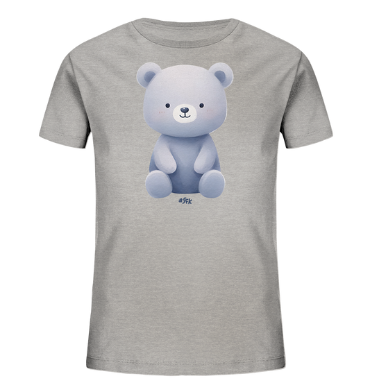 Onlineshop Shirts fuer Kinder - Das Bild zeigt ein graues T-Shirt fuer Kinder. Auf der Vorderseite befindet sich eine niedliche Illustration eines hellblauen Baeren im Cartoon-Stil. Der Baer sitzt in einer aufrechten Position und hat ein freundliches Gesicht mit roten Wangen. Das schlichte Design verleiht dem Shirt einen charmanten und kinderfreundlichen Look.
