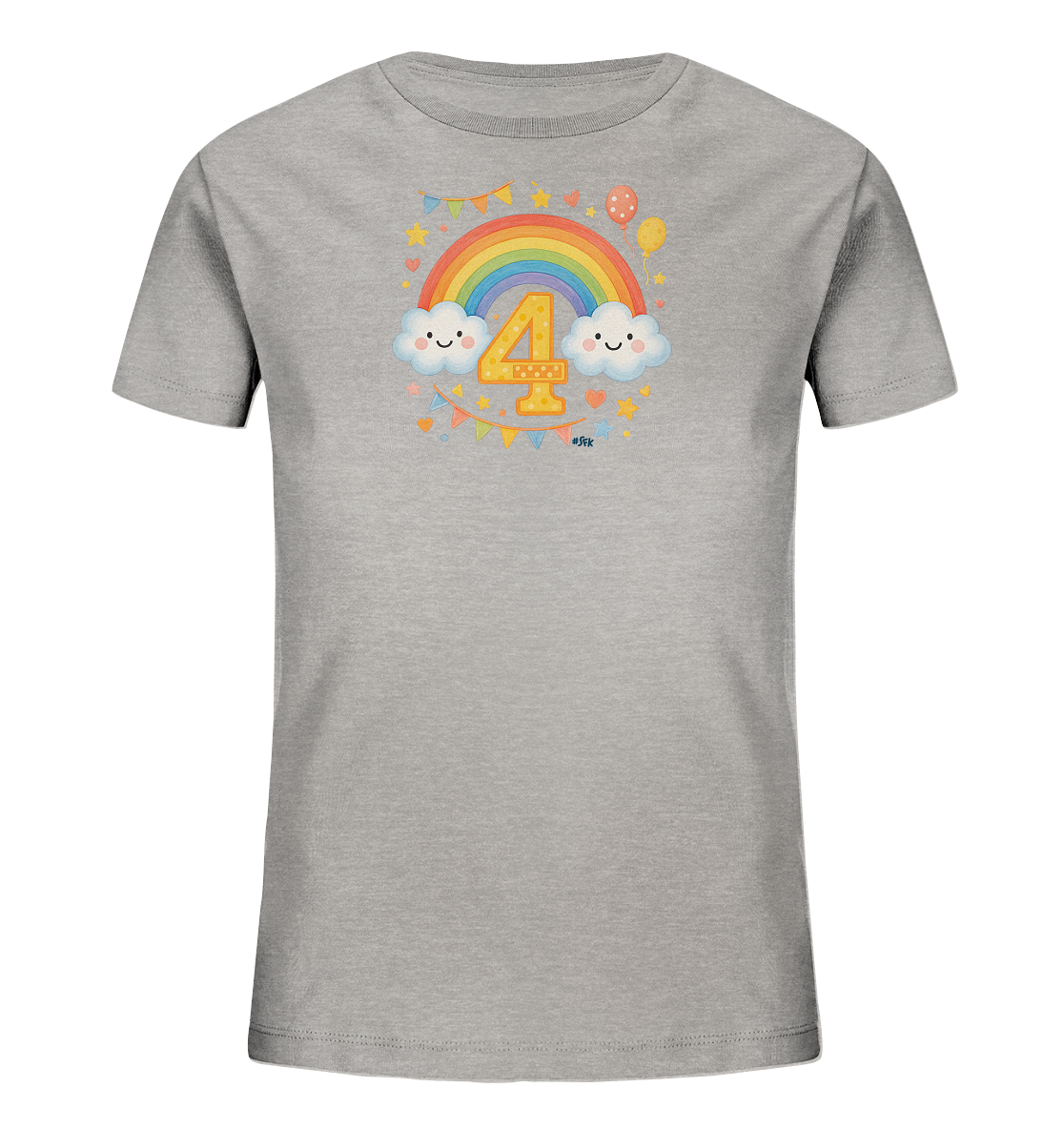 Onlineshop Shirts fuer Kinder - Das Bild zeigt ein hellgraues T-Shirt fuer Kinder. Die Vorderseite ziert eine froehliche Grafik mit einem Regenbogen, zwei laechelnden Wolken und einer grossen Zahl '4'. Sterne, Ballons und eine Girlande umrahmen das Motiv zusaetzlich. Diese farbenfrohe Illustration vermittelt eine festliche und gute Stimmung.