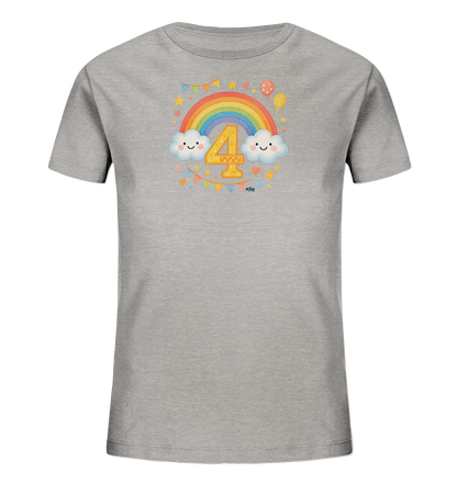 Onlineshop Shirts fuer Kinder - Das Bild zeigt ein hellgraues T-Shirt fuer Kinder. Die Vorderseite ziert eine froehliche Grafik mit einem Regenbogen, zwei laechelnden Wolken und einer grossen Zahl '4'. Sterne, Ballons und eine Girlande umrahmen das Motiv zusaetzlich. Diese farbenfrohe Illustration vermittelt eine festliche und gute Stimmung.