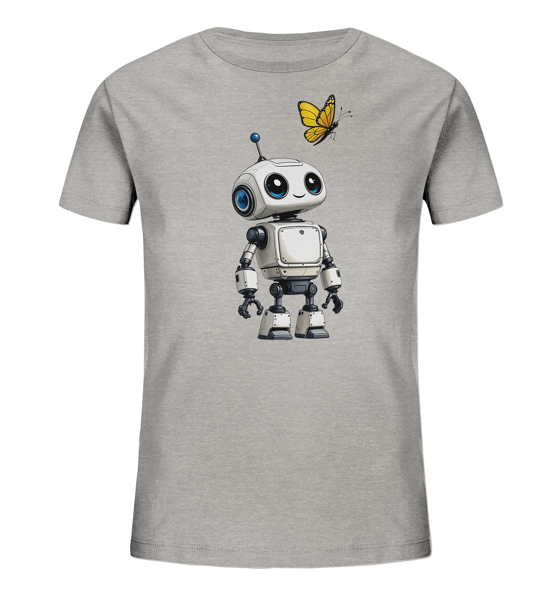 Onlineshop Shirts für Kinder - Das Bild zeigt ein graues Kinder-T-Shirt mit einem Motiv auf der Vorderseite. Zu sehen ist eine Illustration eines freundlich aussehenden, kleinen Roboters in den Farben Weiß und Grau. Der Roboter hat große blaue Augen und eine blaue Antenne auf dem Kopf. Über dem Roboter schwebt ein gelber Schmetterling, was dem Design einen spielerischen Akzent verleiht.