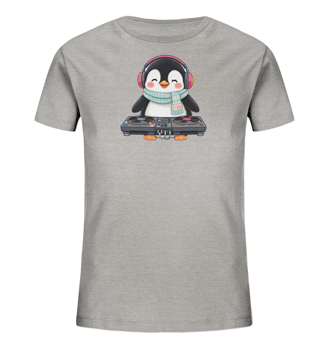 Kinder-T-Shirt mit Pinguin als DJ am Musikpult.