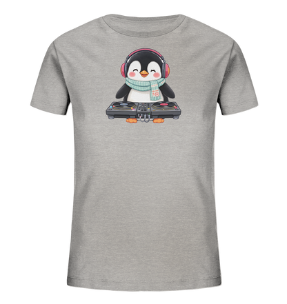 Kinder-T-Shirt mit Pinguin als DJ am Musikpult.