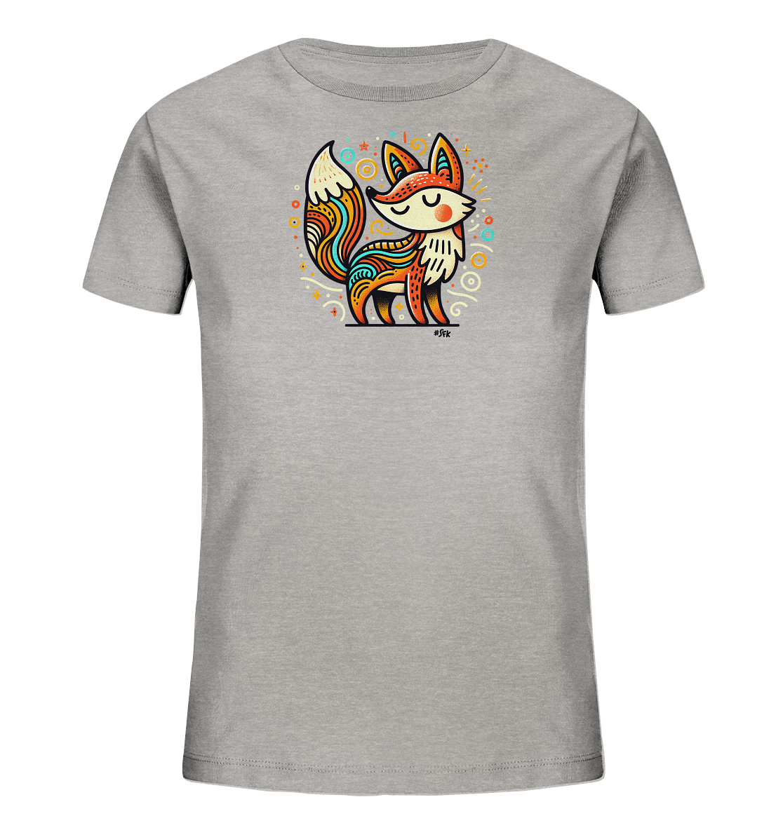Onlineshop Shirts fuer Kinder - Das Bild zeigt ein graues T-Shirt fuer Kinder mit einer bunten und detailreichen Illustration eines stilisierten Fuchses. Der Fuchs hat dekorative Muster in warmen Farbtoenen auf seinem Koerper und Schwanz. Um den Fuchs herum sind kleine Sterne, Kreise und Schnoerkel in verschiedenen Farben platziert. Das gesamte Design wirkt verspielt und kuenstlerisch.