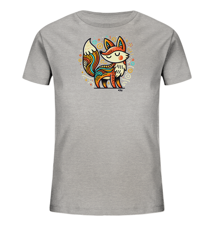 Onlineshop Shirts fuer Kinder - Das Bild zeigt ein graues T-Shirt fuer Kinder mit einer bunten und detailreichen Illustration eines stilisierten Fuchses. Der Fuchs hat dekorative Muster in warmen Farbtoenen auf seinem Koerper und Schwanz. Um den Fuchs herum sind kleine Sterne, Kreise und Schnoerkel in verschiedenen Farben platziert. Das gesamte Design wirkt verspielt und kuenstlerisch.