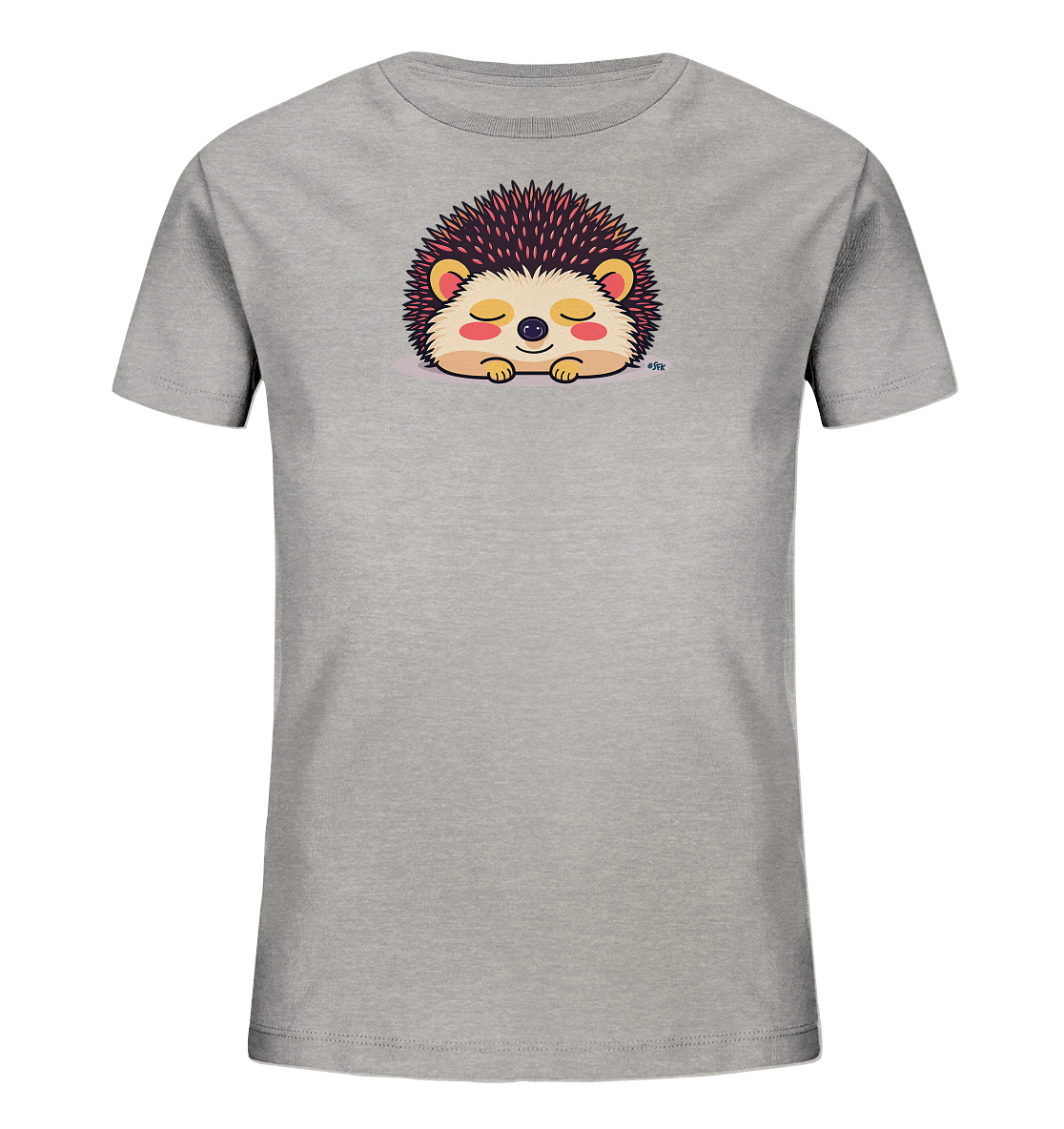 Onlineshop Shirts fuer Kinder - Das Bild zeigt ein hellgraues Kinder-T-Shirt. Auf der Vorderseite befindet sich eine niedliche, liegende Igel-Illustration mit geschlossenen Augen. Der Igel hat dunkelbraune Stacheln mit roten Spitzen und ein beiges Gesicht mit rosafarbenen Wangen. Das Design wirkt friedlich und verspielt.