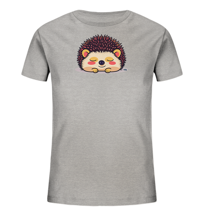 Onlineshop Shirts fuer Kinder - Das Bild zeigt ein hellgraues Kinder-T-Shirt. Auf der Vorderseite befindet sich eine niedliche, liegende Igel-Illustration mit geschlossenen Augen. Der Igel hat dunkelbraune Stacheln mit roten Spitzen und ein beiges Gesicht mit rosafarbenen Wangen. Das Design wirkt friedlich und verspielt.