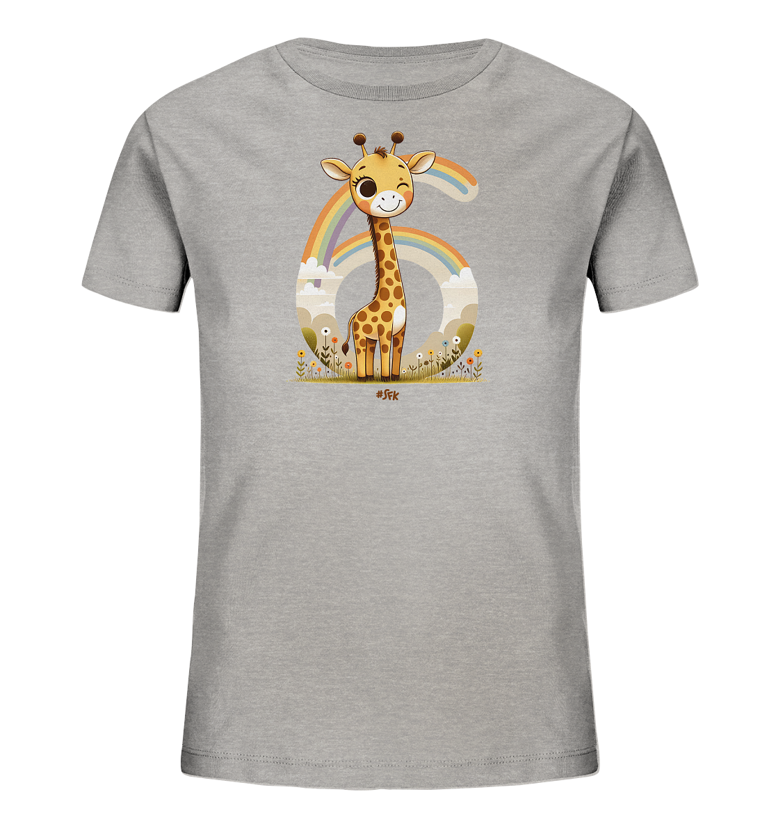 Onlineshop Shirts fuer Kinder - Das Bild zeigt ein graues Kinder T-Shirt mit einem froehlichen Druck auf der Vorderseite. Zu sehen ist eine niedliche Cartoon-Giraffe, die vor einer grossen Zahl Sechs sitzt. Dahinter erstreckt sich ein bunter Regenbogen, eingerahmt von Wolken und Blumen am unteren Rand. Das Motiv wirkt verspielt und farbenfroh.