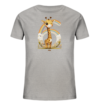 Onlineshop Shirts fuer Kinder - Das Bild zeigt ein graues Kinder T-Shirt mit einem froehlichen Druck auf der Vorderseite. Zu sehen ist eine niedliche Cartoon-Giraffe, die vor einer grossen Zahl Sechs sitzt. Dahinter erstreckt sich ein bunter Regenbogen, eingerahmt von Wolken und Blumen am unteren Rand. Das Motiv wirkt verspielt und farbenfroh.