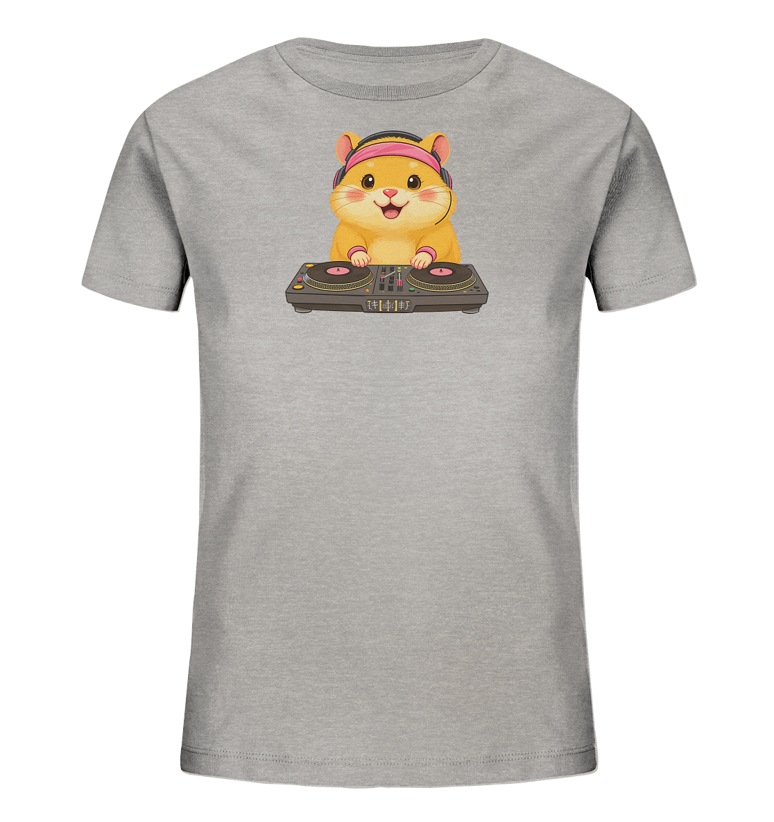 Onlineshop Shirts fuer Kinder - Das Bild zeigt ein graues Kinder-T-Shirt mit einem niedlichen Cartoon-Hamster auf der Vorderseite. Der Hamster traegt pinke Kopfhoerer und ist hinter einem DJ-Pult mit Plattenspielern platziert. Das Design verleiht dem Shirt einen froehlichen und musikalischen Charakter.