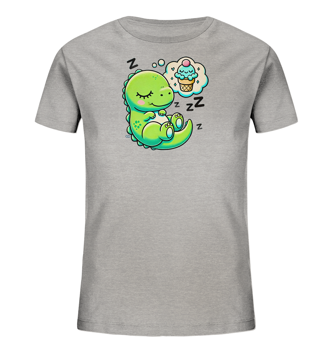 Onlineshop Shirts fuer Kinder - Das Bild zeigt ein graues Kinder-T-Shirt mit einem niedlichen Motiv. Auf der Vorderseite ist ein gruener Cartoon-Dinosaurier dargestellt, der friedlich schlaeft. Über dem Dinosaurier schwebt eine Traumblase, in der ein laechelndes Eis in einer Waffel zu sehen ist. Mehrere "Z"-Symbole deuten auf den tiefen Schlaf des Dinos hin.