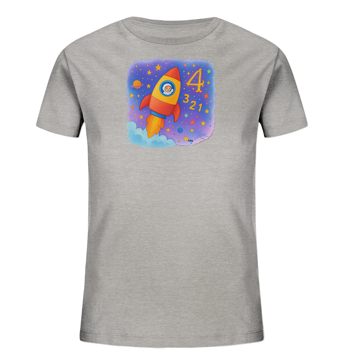 Onlineshop Shirts fuer Kinder - Das Bild zeigt ein graues T-Shirt mit einem farbenfrohen Weltraum-Motiv fuer Kinder. Im Zentrum des Designs ist eine rote Rakete abgebildet, die von Wolken und Sternen umgeben in den Himmel aufsteigt. Oben rechts im Bild sind die Zahlen 4, 3, 2 und 1 vertikal angeordnet, was an einen Start-Countdown erinnert. Das Design wirkt verspielt und abenteuerlich.