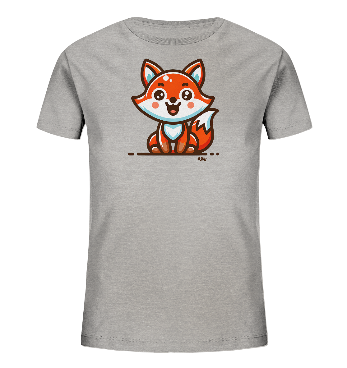 Onlineshop Shirts fuer Kinder - Das Bild zeigt ein hellgraues Kinder-T-Shirt mit einem niedlichen, orangefarbenen Fuchsmotiv auf der Vorderseite. Der Fuchs ist im Cartoon-Stil gezeichnet und sitzt mit einem freundlichen Laecheln. Das Design ist einfach und ansprechend fuer Kinder.