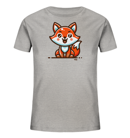 Onlineshop Shirts fuer Kinder - Das Bild zeigt ein hellgraues Kinder-T-Shirt mit einem niedlichen, orangefarbenen Fuchsmotiv auf der Vorderseite. Der Fuchs ist im Cartoon-Stil gezeichnet und sitzt mit einem freundlichen Laecheln. Das Design ist einfach und ansprechend fuer Kinder.