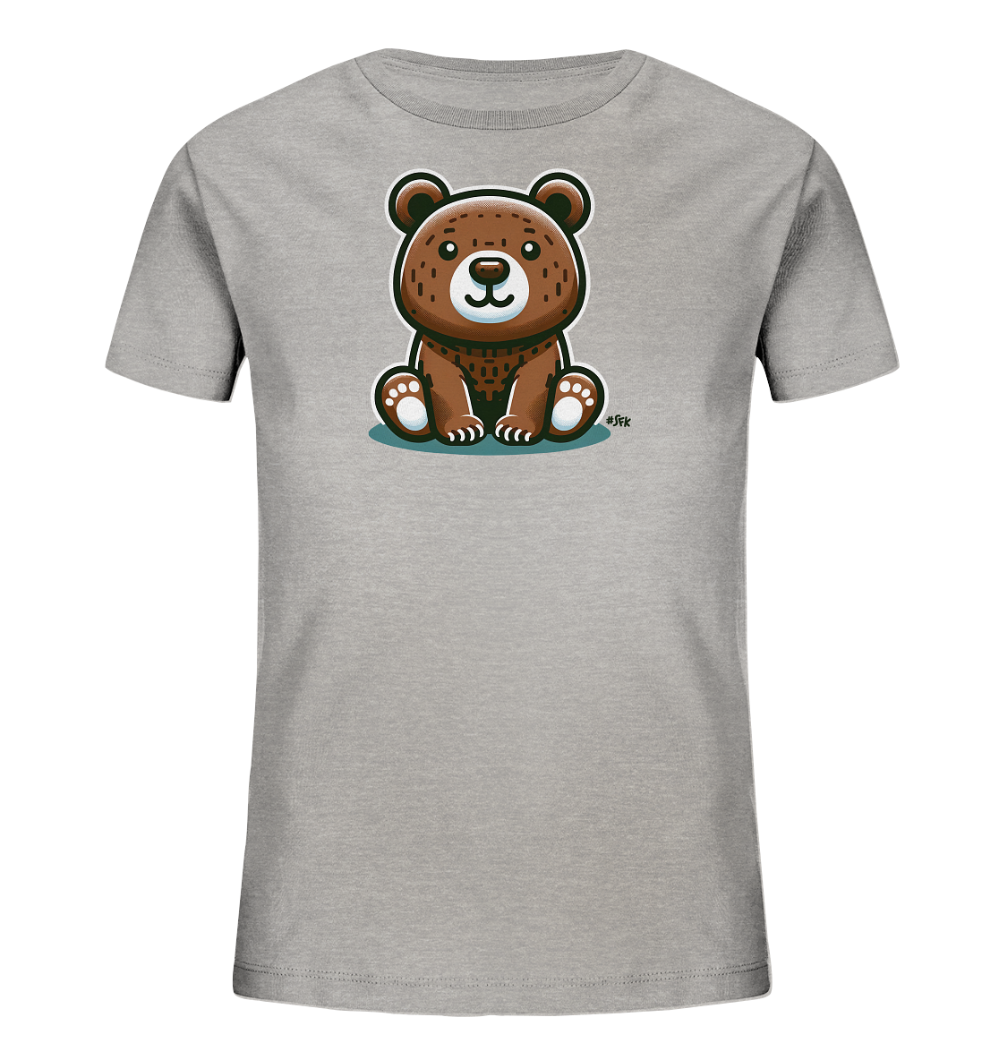 Onlineshop Shirts fuer Kinder - Das Bild zeigt ein hellgraues Kinder T-Shirt. Auf der Vorderseite ist eine niedliche Illustration eines braunen Cartoon-Baeren zu sehen. Der sitzende Baer hat grosse Augen und ein freundliches Laecheln. Dieses Design verleiht dem Shirt einen verspielten Charakter.