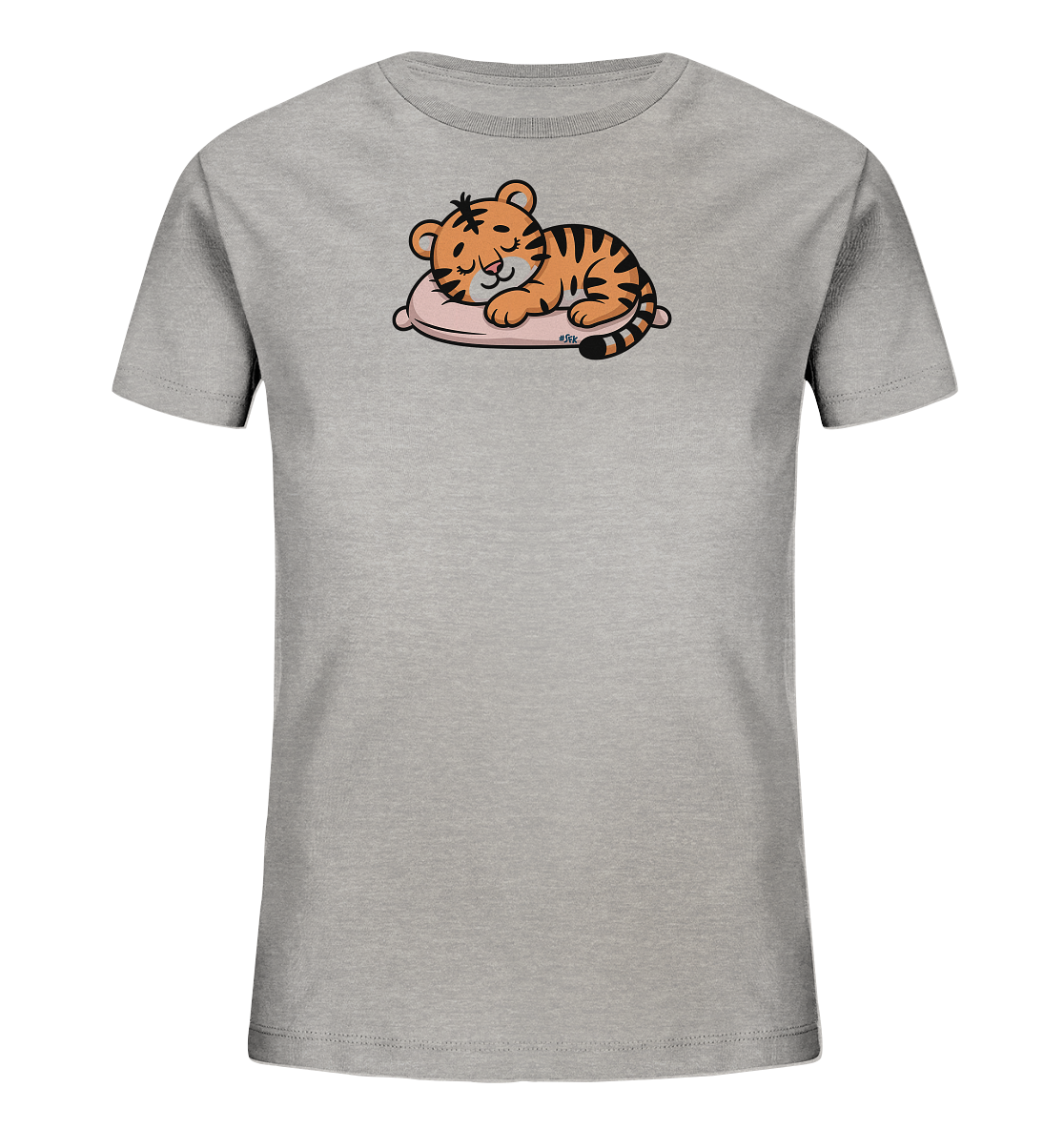 Onlineshop Shirts fuer Kinder - Das Bild zeigt ein hellgraues Kinder-T-Shirt mit einem zentralen Frontdruck. Dieser zeigt einen schlafenden Tiger mit orange-schwarzem Fell, der auf einem rosafarbenen Kissen liegt. Der Tiger ist mit geschlossenen Augen und einem ruhigen Gesichtsausdruck dargestellt. Das Design bietet eine harmonische und sanfte Tierillustration.