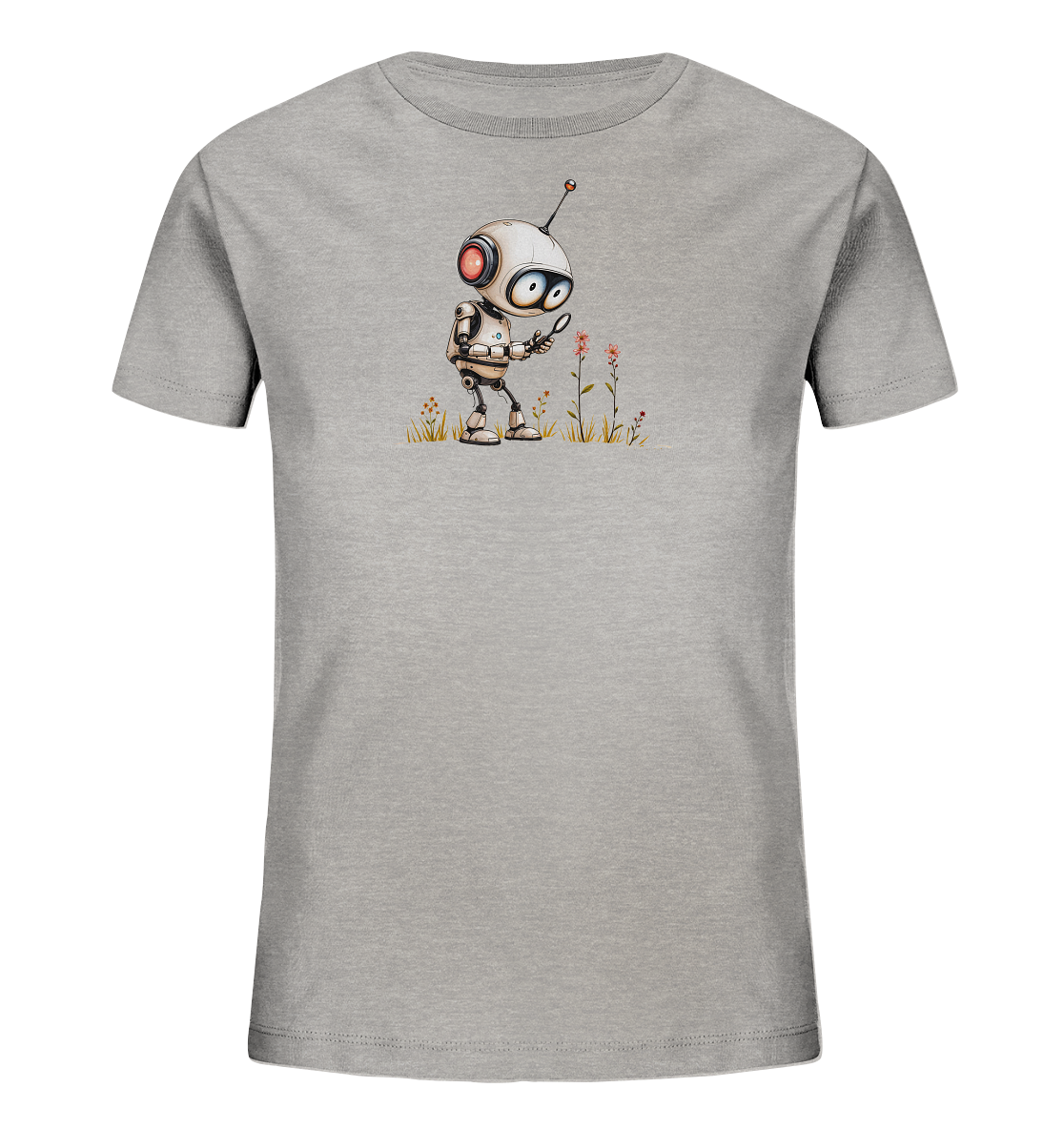 Onlineshop Shirts für Kinder - Das Bild zeigt ein graues Kinder-T-Shirt mit einem Aufdruck auf der Vorderseite. Der Aufdruck stellt einen kleinen, weißen Roboter mit roten und blauen Details sowie einer Antenne dar. Der Roboter hält eine Lupe in einer Hand und betrachtet damit eine Pflanze, die inmitten von Gräsern und kleineren Blumen steht. Das gesamte Motiv ist detailliert gezeichnet und vermittelt eine neugierige und naturverbundene Stimmung.