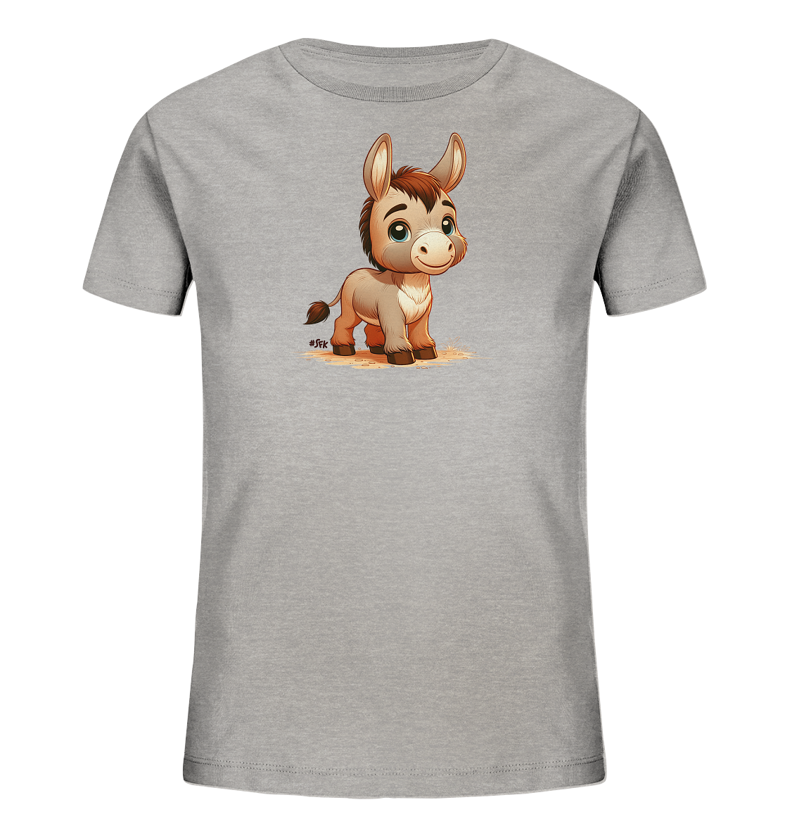 Onlineshop Shirts fuer Kinder - Das Bild zeigt ein hellgraues Kinder-T-Shirt mit einem charmanten Druck. Das Motiv ist eine Illustration eines kleinen, niedlichen Esels, der aufrecht steht und laechelt. Der Esel hat grosse Ohren und ein freundliches Gesicht, was dem Design einen verspielten Charakter verleiht. Es ist ein einfaches und ansprechendes Design fuer Kinderbekleidung.