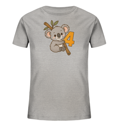 Onlineshop Shirts fuer Kinder - Das Bild zeigt ein graues T-Shirt fuer Kinder mit einer niedlichen Koala-Illustration. Der Koala haengt an einem Ast mit Blaettern, und neben ihm ist die Zahl '4' abgebildet. Das verspielte Design verleiht dem Shirt einen froehlichen Charakter.