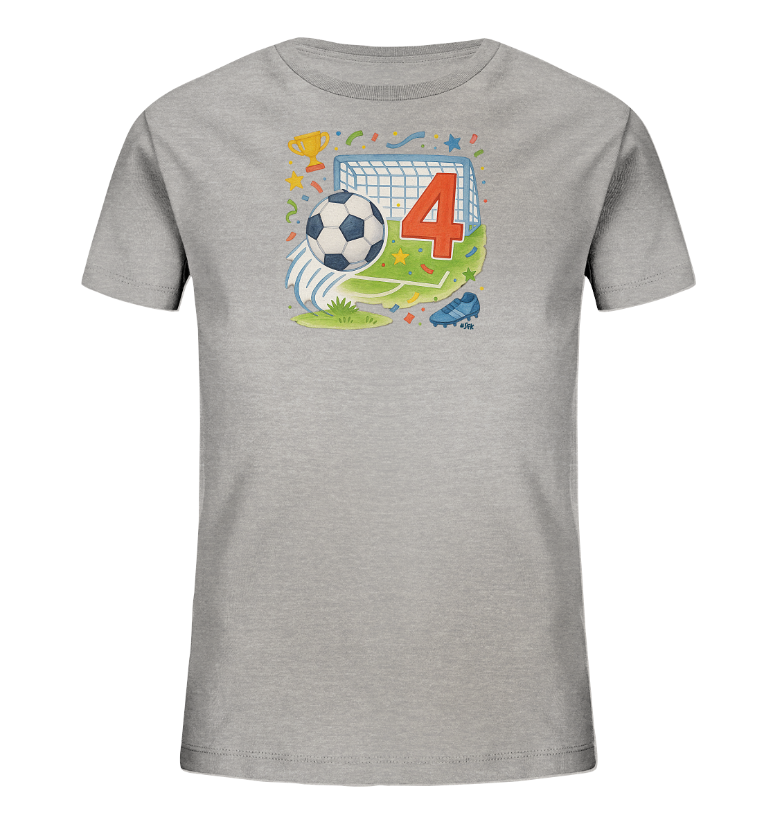 Onlineshop Shirts fuer Kinder - Das Bild zeigt ein graues T-Shirt fuer Kinder mit einem farbenfrohen Fussballmotiv auf der Vorderseite. Im Zentrum des Designs stehen ein Fussballtor, ein Ball und die grosse rote Zahl 4. Das Motiv wird ergaenzt durch einen goldenen Pokal, einen blauen Fussballschuh und festliche Elemente wie Sterne und Konfetti. Dieses Design ist perfekt fuer kleine Fussballfans zum vierten Geburtstag.