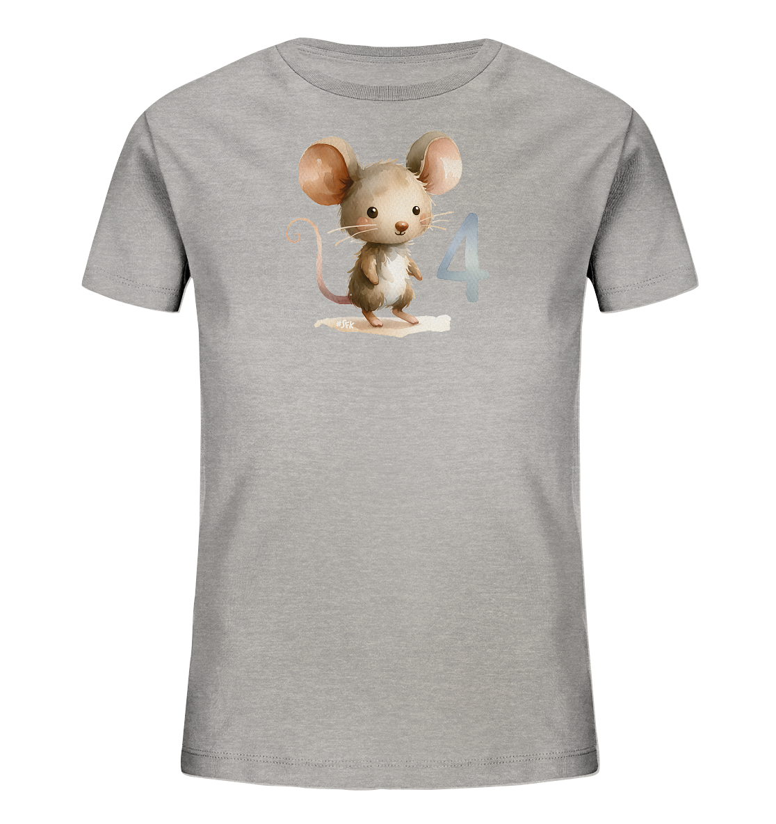 Onlineshop Shirts fuer Kinder - Das Bild zeigt ein graues T-Shirt fuer Kinder mit einem charmanten Motiv auf der Vorderseite. Abgebildet ist eine niedliche, aufrecht stehende Maus mit grossen Ohren. Rechts neben der Maus ist die Zahl '4' in einem hellen, leicht transparenten Blau dargestellt. Das Design wirkt freundlich und verspielt, passend fuer junge Altersgruppen.