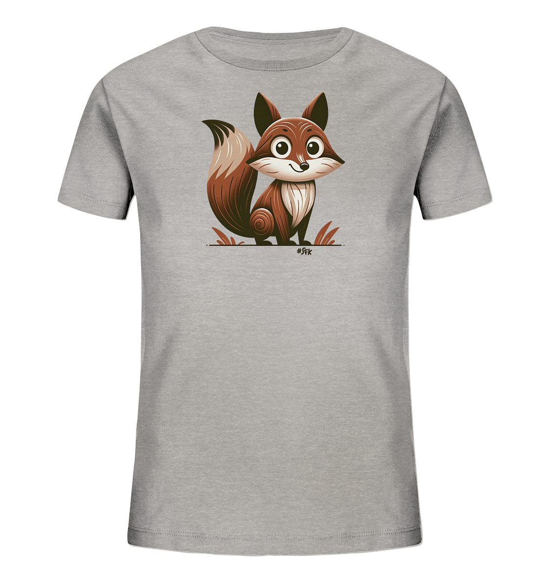 Onlineshop Shirts fuer Kinder - Das Bild zeigt ein hellgraues T-Shirt fuer Kinder. Auf der Vorderseite ist eine niedliche, cartoonhafte Illustration eines Fuchses zu sehen. Der Fuchs sitzt aufrecht, hat grosse Augen und laechelt freundlich, umgeben von stilisierten Grashalmen. Das Design wirkt verspielt und ansprechend.