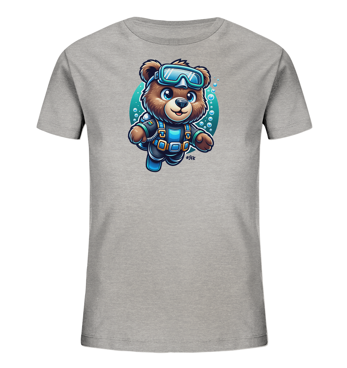 Onlineshop Shirts fuer Kinder - Das Bild zeigt ein graues Kinder-T-Shirt mit einem niedlichen Cartoon-Baer als Motiv. Der Baer ist als Taucher dargestellt, komplett mit Maske und Ausruestung. Er schwimmt in einem runden, blauen Bereich, der Wasser darstellt, umgeben von Blasen. Das farbenfrohe Design ist auf der Vorderseite des Shirts platziert.