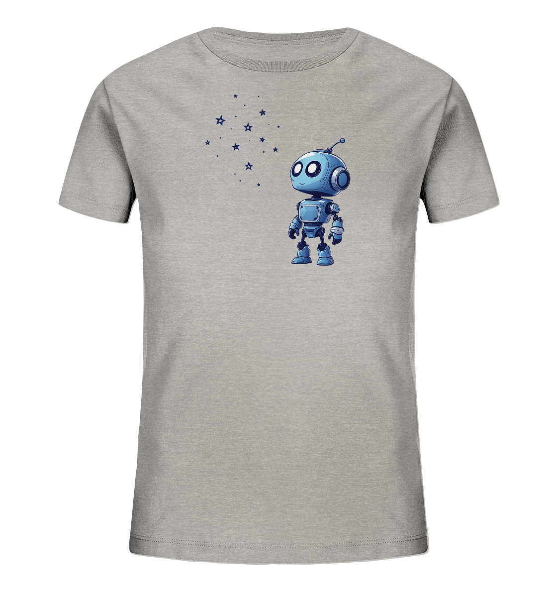 Onlineshop Shirts für Kinder - Das Bild zeigt ein schlichtes, graues T-Shirt für Kinder. Auf der linken Vorderseite ist ein kleines, blaues Roboter-Motiv abgebildet. Der Roboter im Cartoon-Stil hat große, runde Augen und eine Antenne auf dem Kopf. Über und neben dem Roboter sind mehrere kleine, dunkle Sterne in verschiedenen Größen als grafisches Element platziert.
