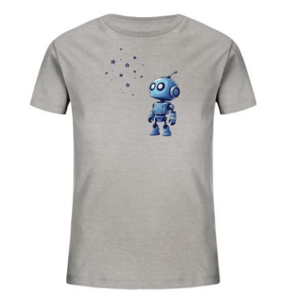 Onlineshop Shirts für Kinder - Das Bild zeigt ein schlichtes, graues T-Shirt für Kinder. Auf der linken Vorderseite ist ein kleines, blaues Roboter-Motiv abgebildet. Der Roboter im Cartoon-Stil hat große, runde Augen und eine Antenne auf dem Kopf. Über und neben dem Roboter sind mehrere kleine, dunkle Sterne in verschiedenen Größen als grafisches Element platziert.