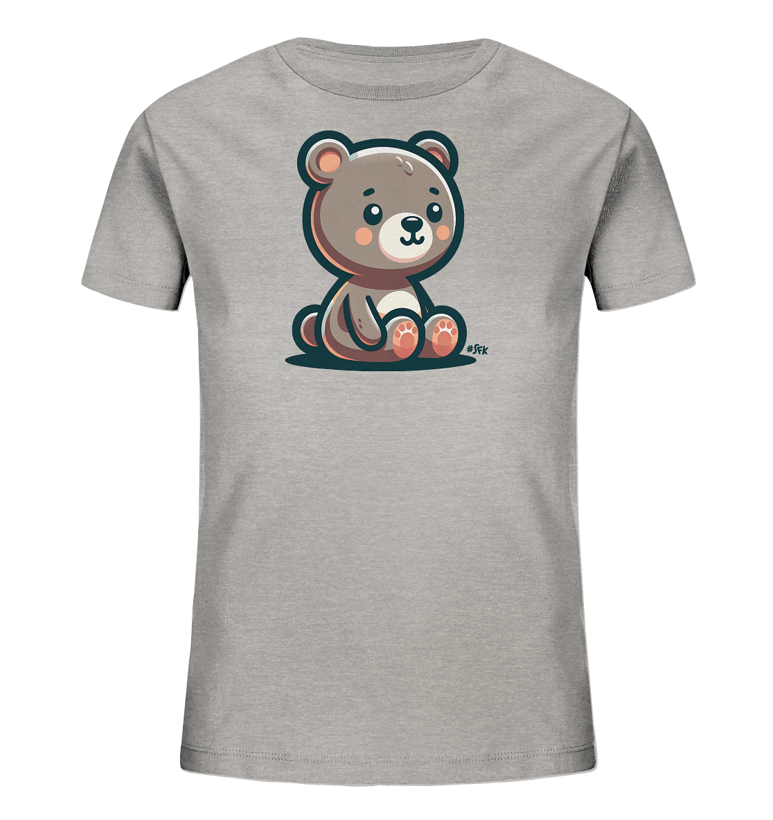 Onlineshop Shirts fuer Kinder - Das Bild zeigt ein graues Kinder-T-Shirt mit einem niedlichen Baerenmotiv auf der Vorderseite. Der Baer ist im Cartoon-Stil gezeichnet und sitzt mit grossen Ohren und einem freundlichen Gesichtsausdruck da. Er hat braunes Fell, hellere Pfoten und rosa Wangen, umrandet von einer dunklen Linie. Dieses Design verleiht dem Shirt einen verspielten und ansprechenden Look fuer Kinder.