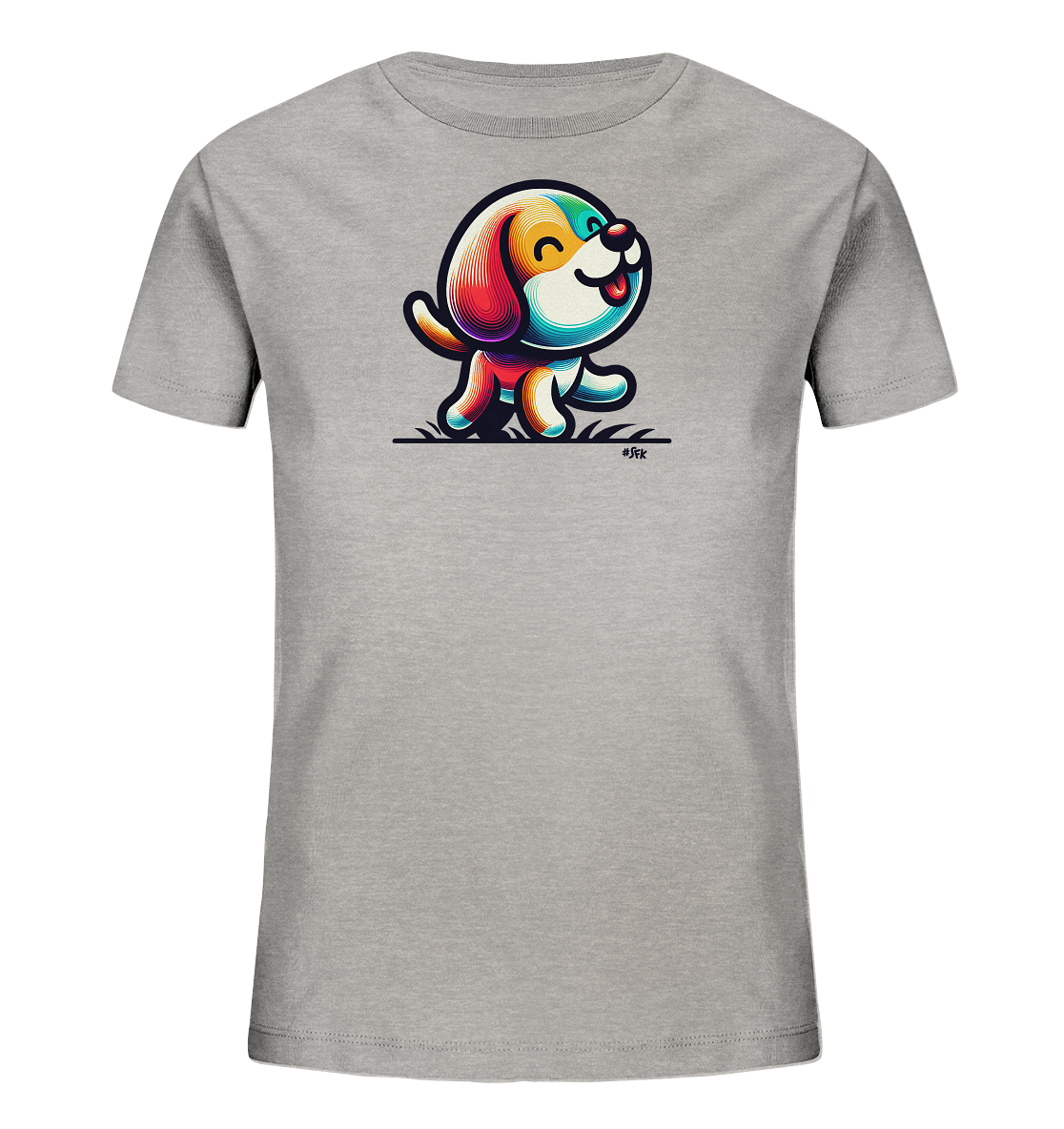 Onlineshop Shirts fuer Kinder - Das Bild zeigt ein graues T-Shirt fuer Kinder mit einer farbenfrohen Grafik. Abgebildet ist ein froehlicher, stilisierter Hund, dessen Koerper und Kopf in leuchtenden Farben gestaltet sind. Der kleine Cartoon-Hund laeuft ueber eine angedeutete Wiese, sein Schwanz wedelt und er streckt seine Zunge heraus. Das verspielte Motiv verleiht dem Shirt einen freundlichen Charakter.