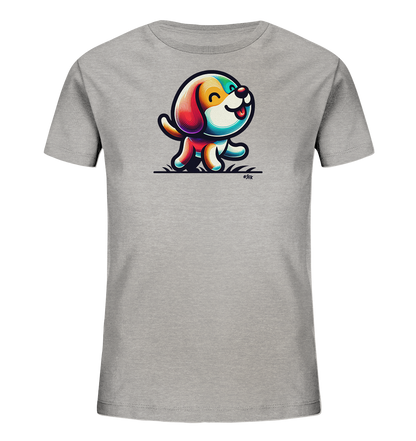 Onlineshop Shirts fuer Kinder - Das Bild zeigt ein graues T-Shirt fuer Kinder mit einer farbenfrohen Grafik. Abgebildet ist ein froehlicher, stilisierter Hund, dessen Koerper und Kopf in leuchtenden Farben gestaltet sind. Der kleine Cartoon-Hund laeuft ueber eine angedeutete Wiese, sein Schwanz wedelt und er streckt seine Zunge heraus. Das verspielte Motiv verleiht dem Shirt einen freundlichen Charakter.