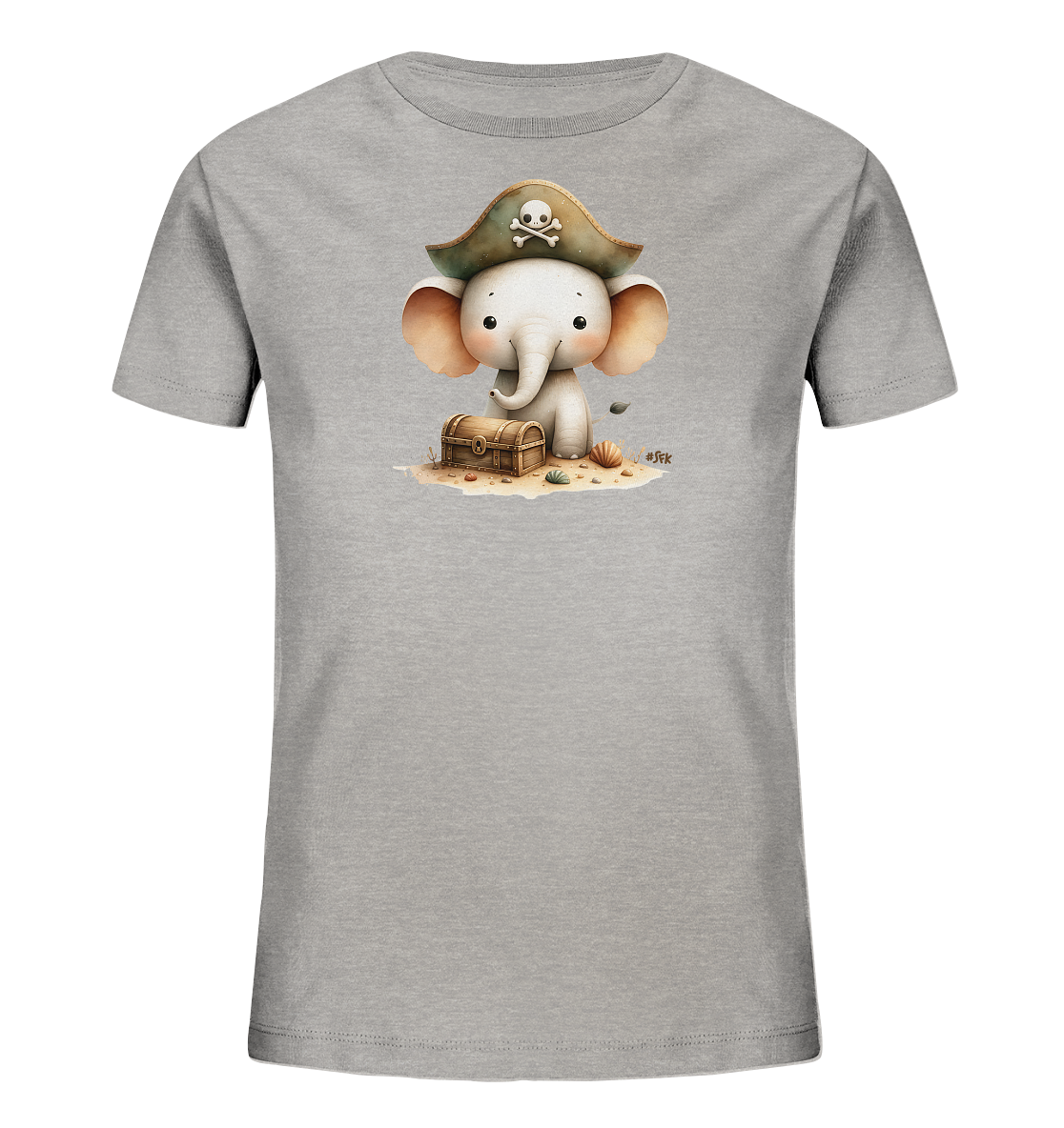 Onlineshop Shirts fuer Kinder - Das Bild zeigt ein graues Kinder-T-Shirt mit einem niedlichen Elefantenmotiv in Piratenaufmachung. Der kleine Elefant traegt einen Piratenhut mit Totenkopf und sitzt auf dem Sand neben einer Schatzkiste. Muscheln und ein Pflaenzchen ergaenzen die kleine Szene am Strand. Das Design vermittelt einen spielerischen Abenteuer-Look.