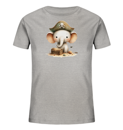 Onlineshop Shirts fuer Kinder - Das Bild zeigt ein graues Kinder-T-Shirt mit einem niedlichen Elefantenmotiv in Piratenaufmachung. Der kleine Elefant traegt einen Piratenhut mit Totenkopf und sitzt auf dem Sand neben einer Schatzkiste. Muscheln und ein Pflaenzchen ergaenzen die kleine Szene am Strand. Das Design vermittelt einen spielerischen Abenteuer-Look.