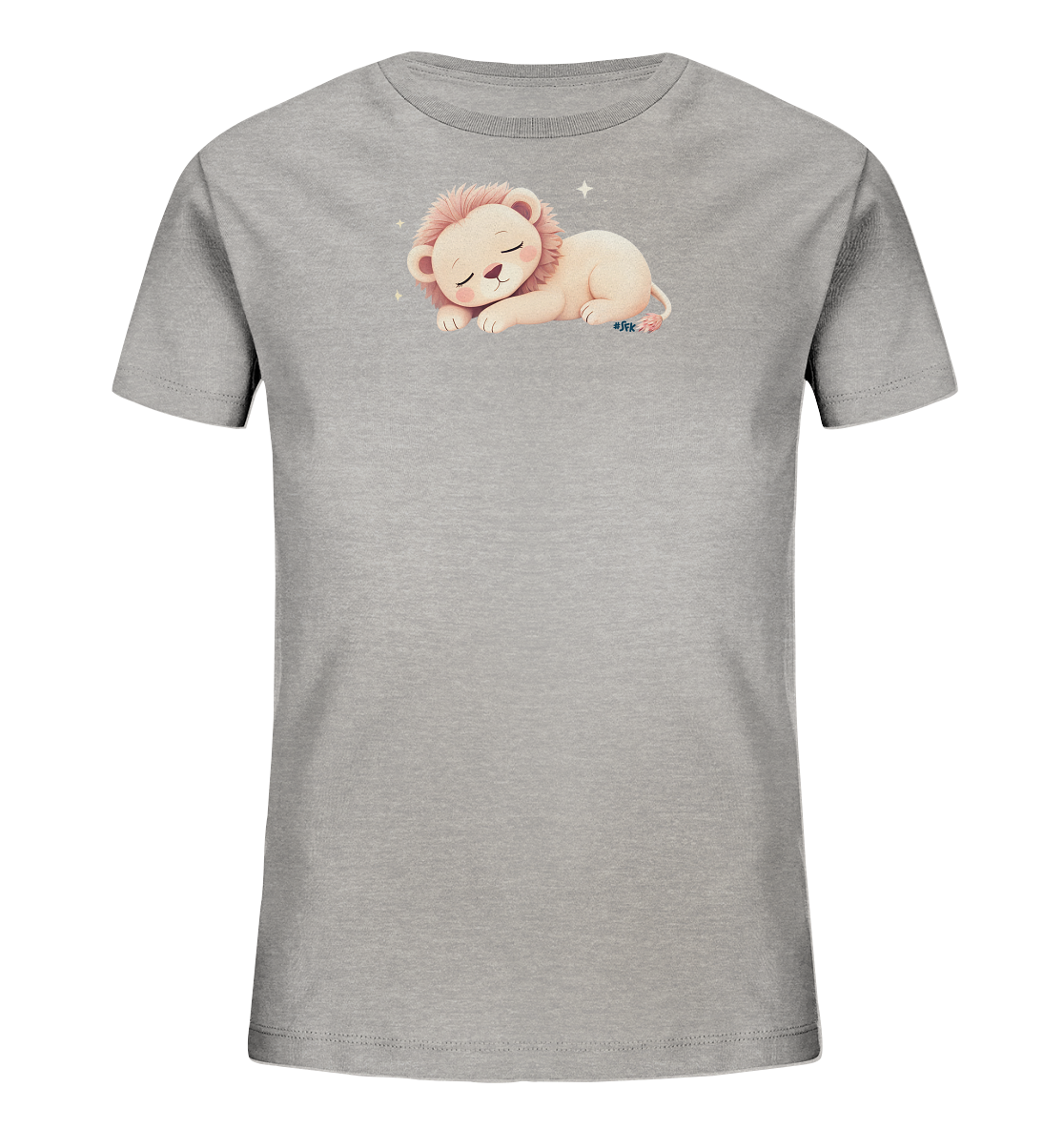 Onlineshop Shirts fuer Kinder - Das Bild zeigt ein graues T-Shirt fuer Kinder mit einem niedlichen Aufdruck eines schlafenden Loewenbabys. Das Loewenbaby hat eine helle Fellfarbe und eine zartrosa Maehne, es liegt friedlich zusammengerollt. Kleine weisse Sterne umgeben das Motiv und verleihen dem Design eine beruhigende, traumhafte Ausstrahlung. Die schlichte Farbgebung des Shirts hebt den Fokus auf das sanfte Tiermotiv.