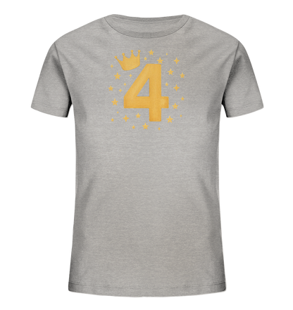 Onlineshop Shirts fuer Kinder - Das Bild zeigt ein graues T-Shirt fuer Kinder mit einem zentralen Motiv. Es zeigt die goldene Zahl 4, gekroent von einer passenden goldenen Krone. Rund um die Zahl und Krone sind viele kleine goldene Sterne angeordnet. Das Design wirkt festlich und verspielt.