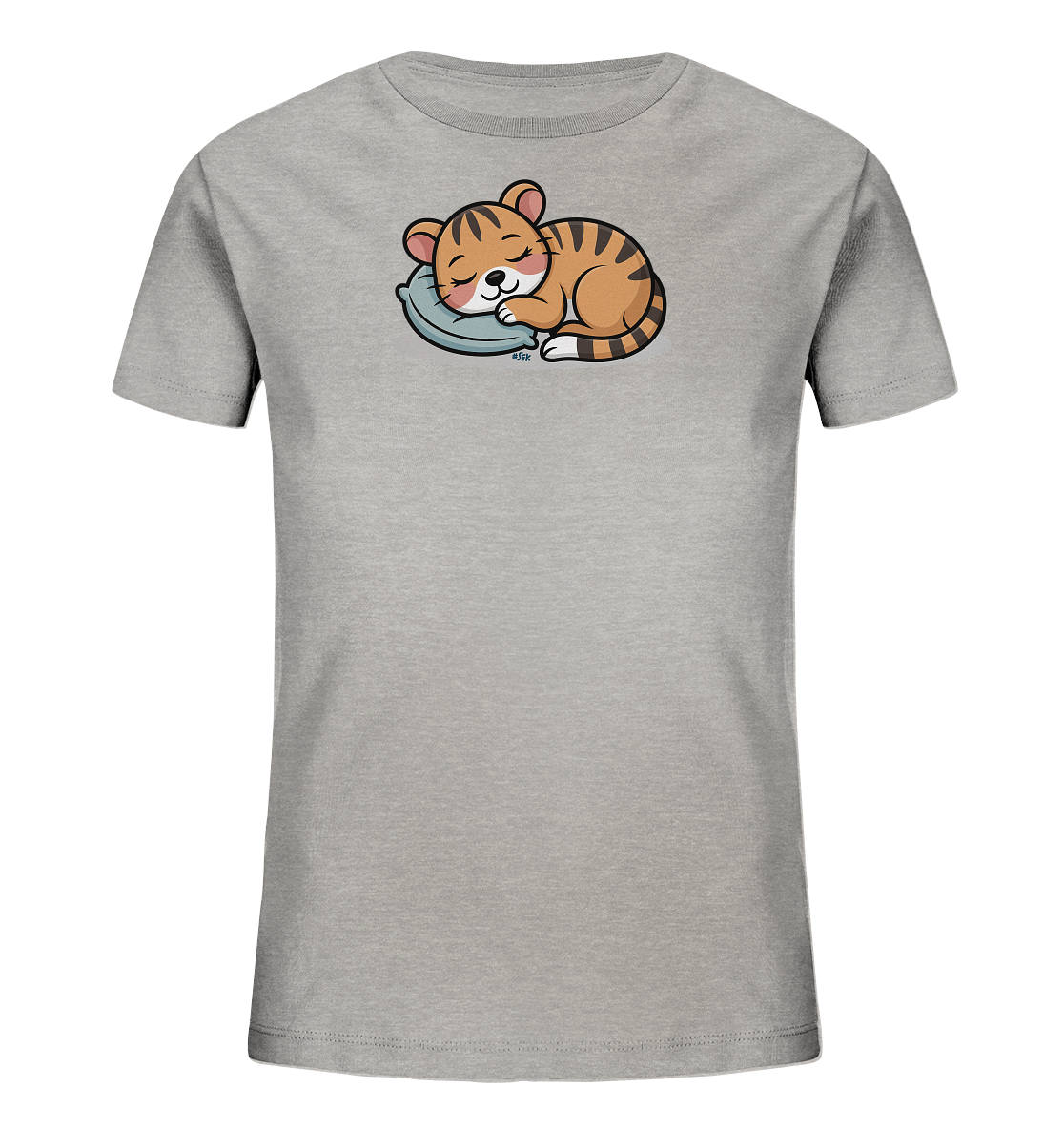 Onlineshop Shirts fuer Kinder - Das Bild zeigt ein hellgraues Kinder-T-Shirt mit einem niedlichen Motiv eines schlafenden Tigerbabys. Das Tigerbaby liegt auf einem kleinen, blauen Kissen, die Augen sind geschlossen und es hat einen sanften Ausdruck. Die Illustration ist farbenfroh und detailreich, mit den charakteristischen Streifen des Tieres. Das Design verleiht dem Shirt einen ruhigen und suessen Charakter.