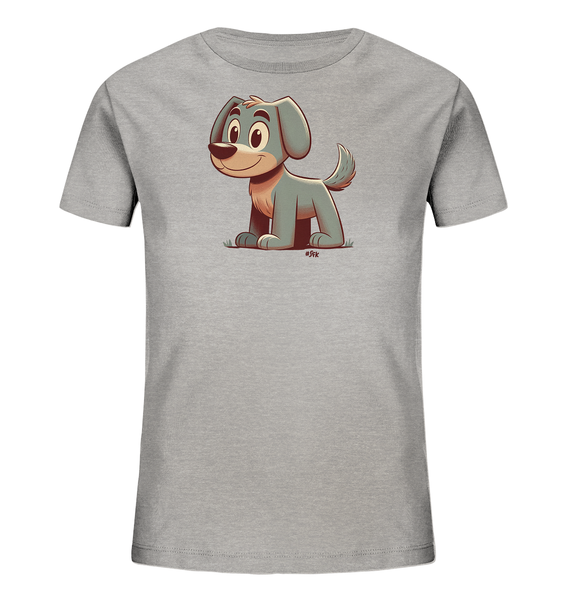 Onlineshop Shirts fuer Kinder - Das Bild zeigt ein hellgraues Kinder-T-Shirt. Auf der Vorderseite ist eine suesse Cartoon-Illustration eines Hundes zu sehen. Der Hund hat blau-graues Fell und sitzt auf gruener Grasnarbe. Das Design wirkt freundlich und verspielt.