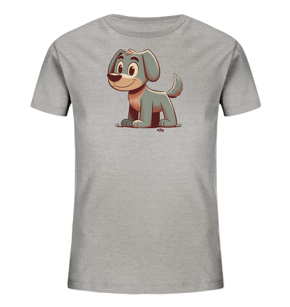 Onlineshop Shirts fuer Kinder - Das Bild zeigt ein hellgraues Kinder-T-Shirt. Auf der Vorderseite ist eine suesse Cartoon-Illustration eines Hundes zu sehen. Der Hund hat blau-graues Fell und sitzt auf gruener Grasnarbe. Das Design wirkt freundlich und verspielt.
