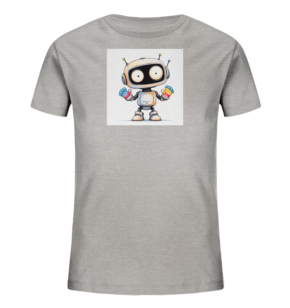 Onlineshop Shirts für Kinder - Das Bild zeigt ein graues Kinder-T-Shirt, auf dessen Vorderseite eine quadratische Grafik platziert ist. Die Grafik stellt einen freundlichen Cartoon-Roboter dar, der in Weiß mit grauen Akzenten und farbigen Streifen an den Händen gestaltet ist. Der Roboter steht aufrecht und blickt nach vorne, während seine Antennen nach oben ragen. Das Motiv ist auf einem weißen Hintergrund innerhalb der Grafik zentriert und verleiht dem schlichten Shirt einen verspielten Look.