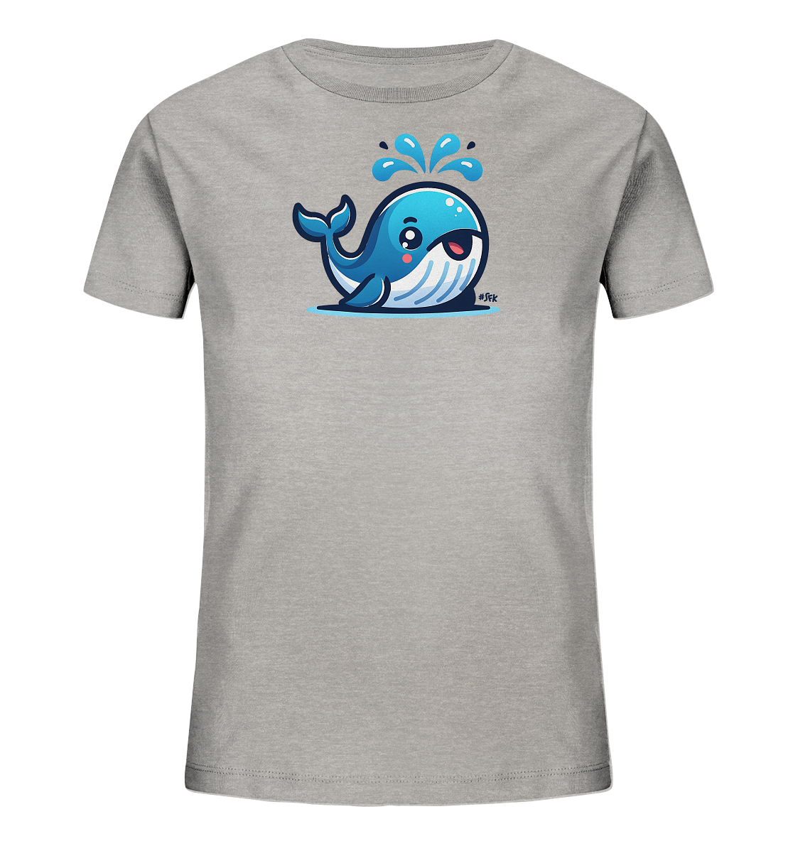 Onlineshop Shirts fuer Kinder - Dieses Bild zeigt ein graues T-Shirt fuer Kinder. Auf der Vorderseite ist eine niedliche Illustration eines blauen Wals abgebildet. Der Cartoon-Wal spritzt Wasser aus seinem Blasloch und hat ein froehliches Gesicht. Das Design ist einfach und kinderfreundlich gestaltet.
