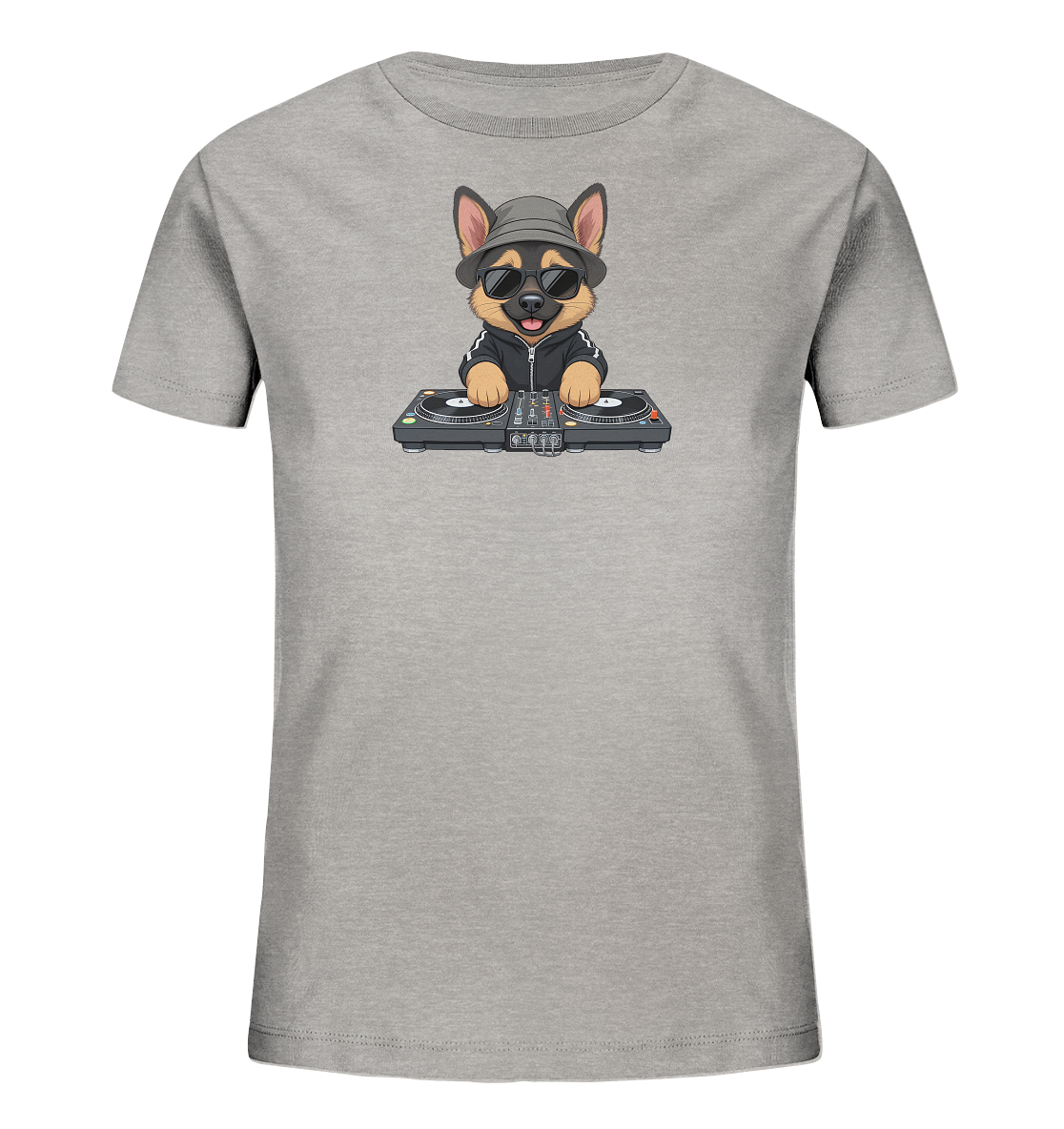 Onlineshop Shirts fuer Kinder - Das Bild zeigt ein hellgraues Kinder-T-Shirt mit einem einzigartigen Aufdruck. Darauf ist ein cartoonartiger Hund mit Sonnenbrille und Hut zu sehen, der an einem DJ-Mischpult steht. Der Hund traegt eine Jacke mit Streifen und hat ein froehliches Aussehen. Das Design verleiht dem Shirt einen laessigen und modernen Stil.